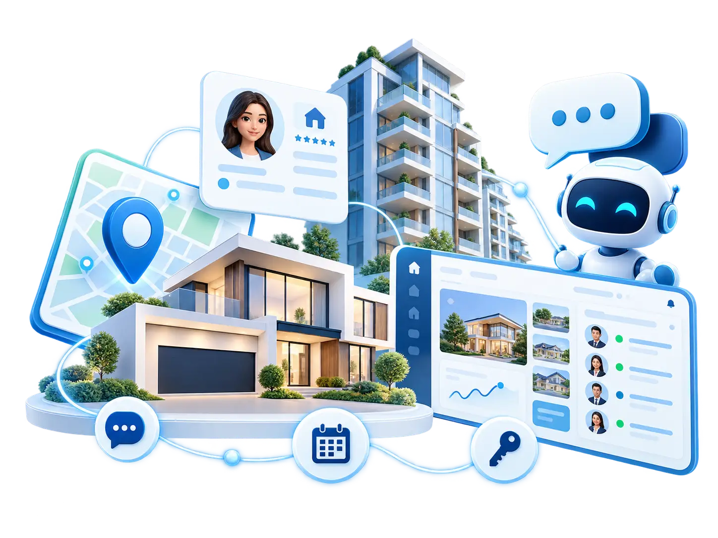 Real estate closing, key handoff, review, referral and automation lifecycle illustration