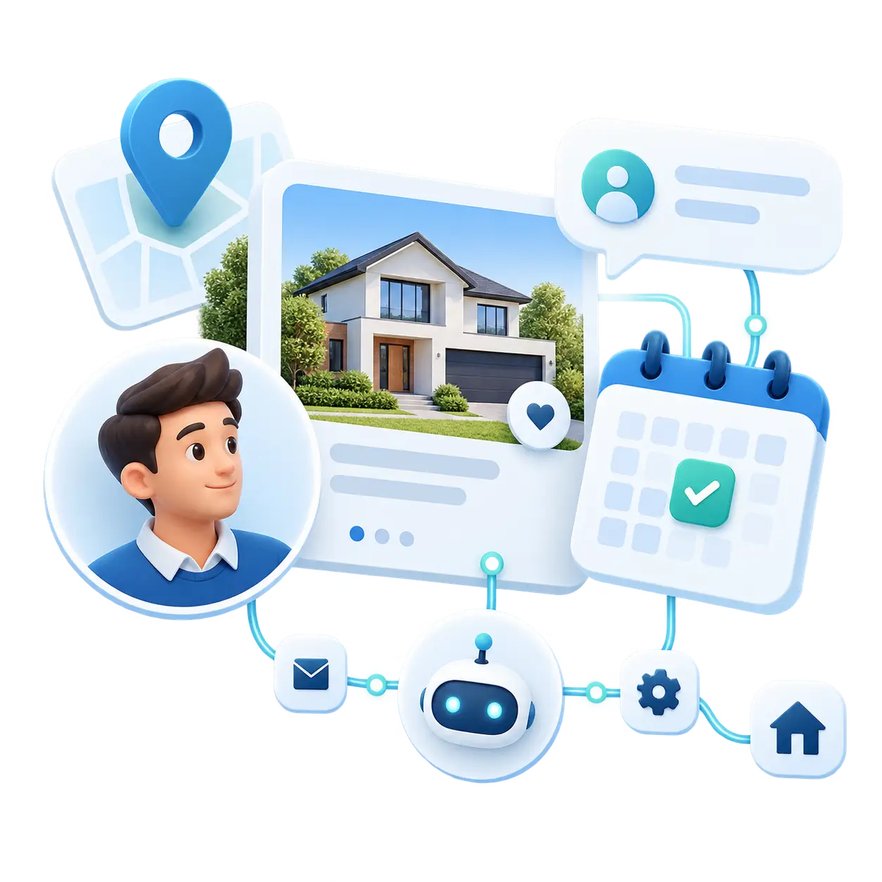 Real estate buyer, property listing, showing calendar and AI automation illustration