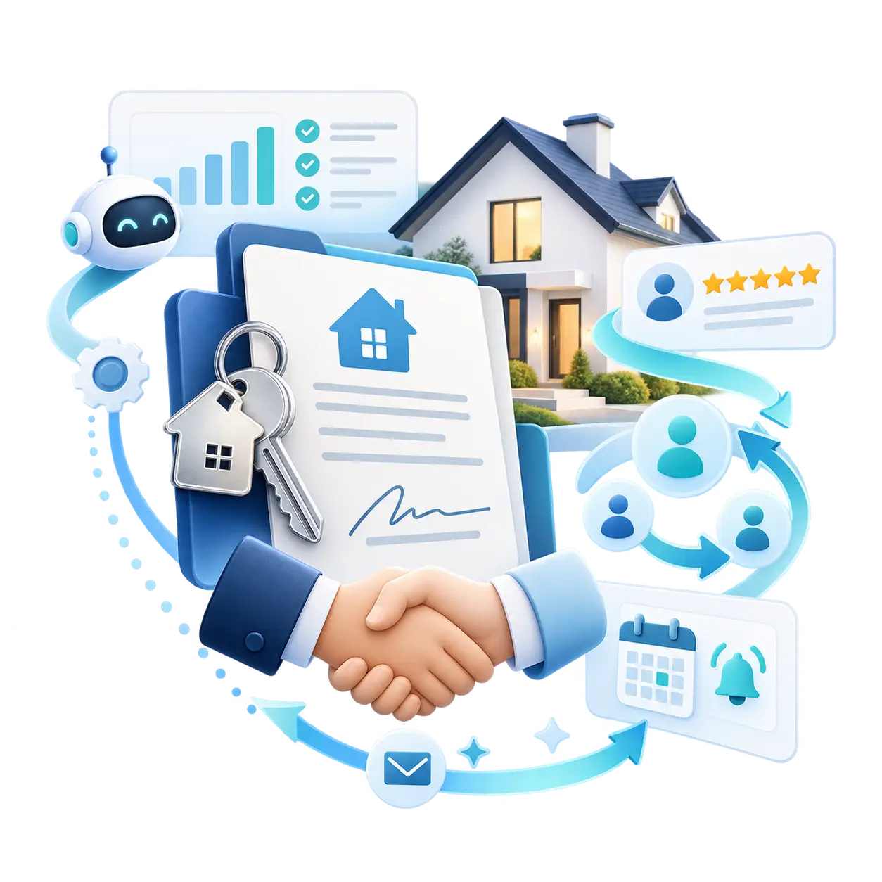Real estate AI and automation system illustration with property, CRM, chat, calendar and connected workflow visuals