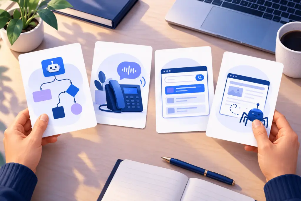 Illustration of four AI marketing topics: workflow agents, voice receptionists, search advertising and website crawlers.