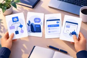 Illustration of four AI marketing topics: workflow agents, voice receptionists, search advertising and website crawlers.