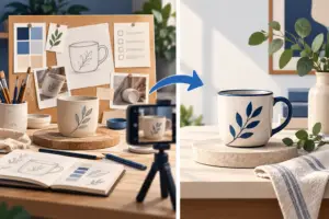 Small-business content storyboard showing product design behind the scenes beside the finished product.