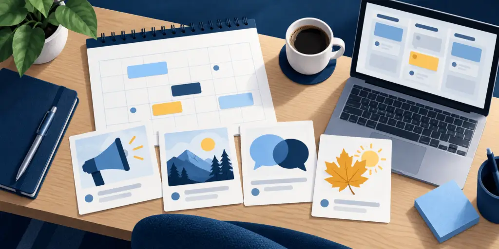 Marketing campaign planning illustration with a calendar, content cards, partner collaboration, and seasonal cues.