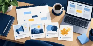 Marketing campaign planning illustration with a calendar, content cards, partner collaboration, and seasonal cues.