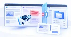 Illustration of an AI browser security warning and protected business data.