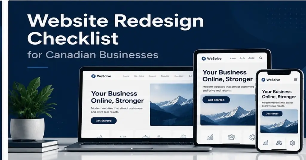 Website redesign checklist graphic with desktop and mobile website mockups.