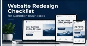 Website redesign checklist graphic with desktop and mobile website mockups.